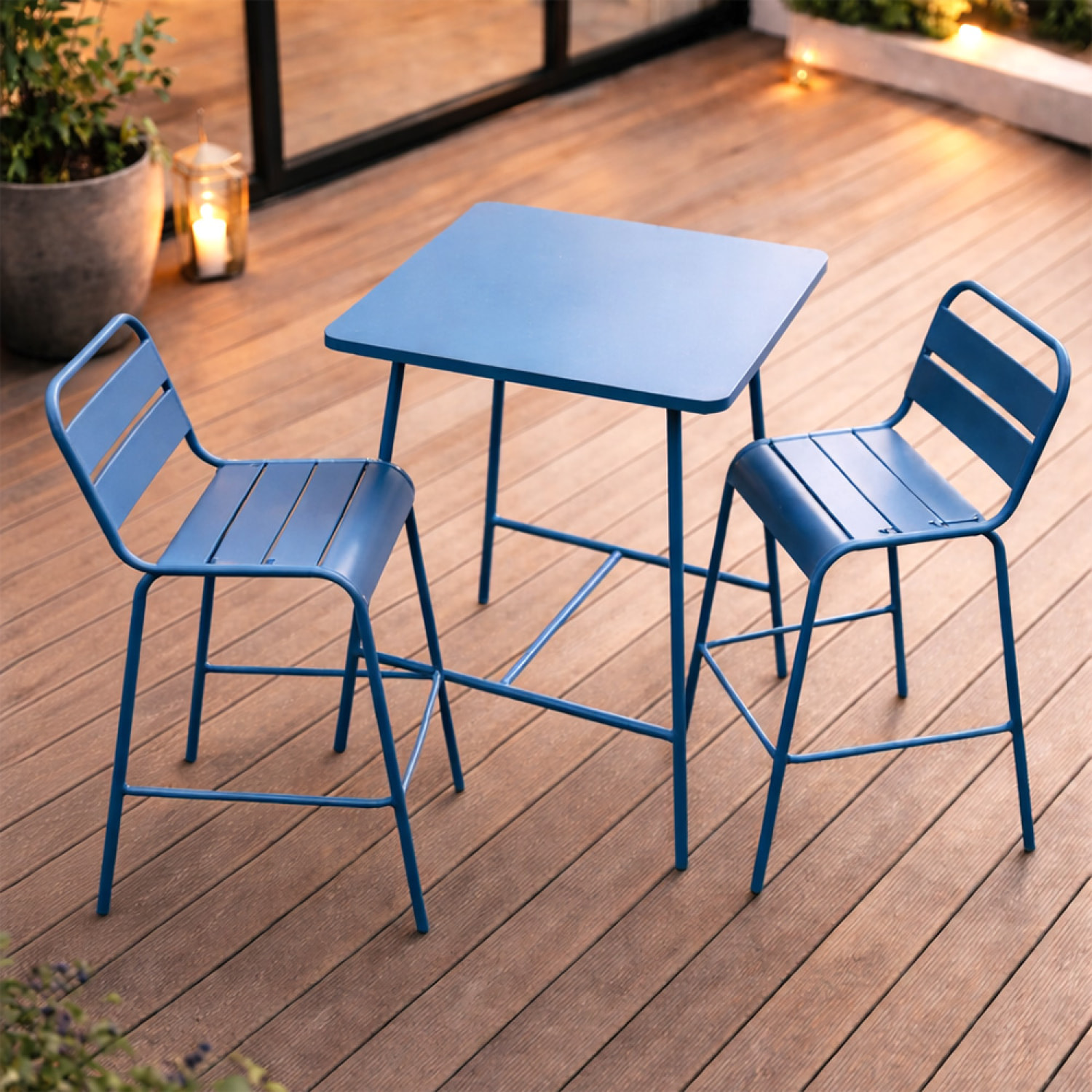 Ensemble table de bar et 2 chaises hautes d'extérieur bleu EVORA