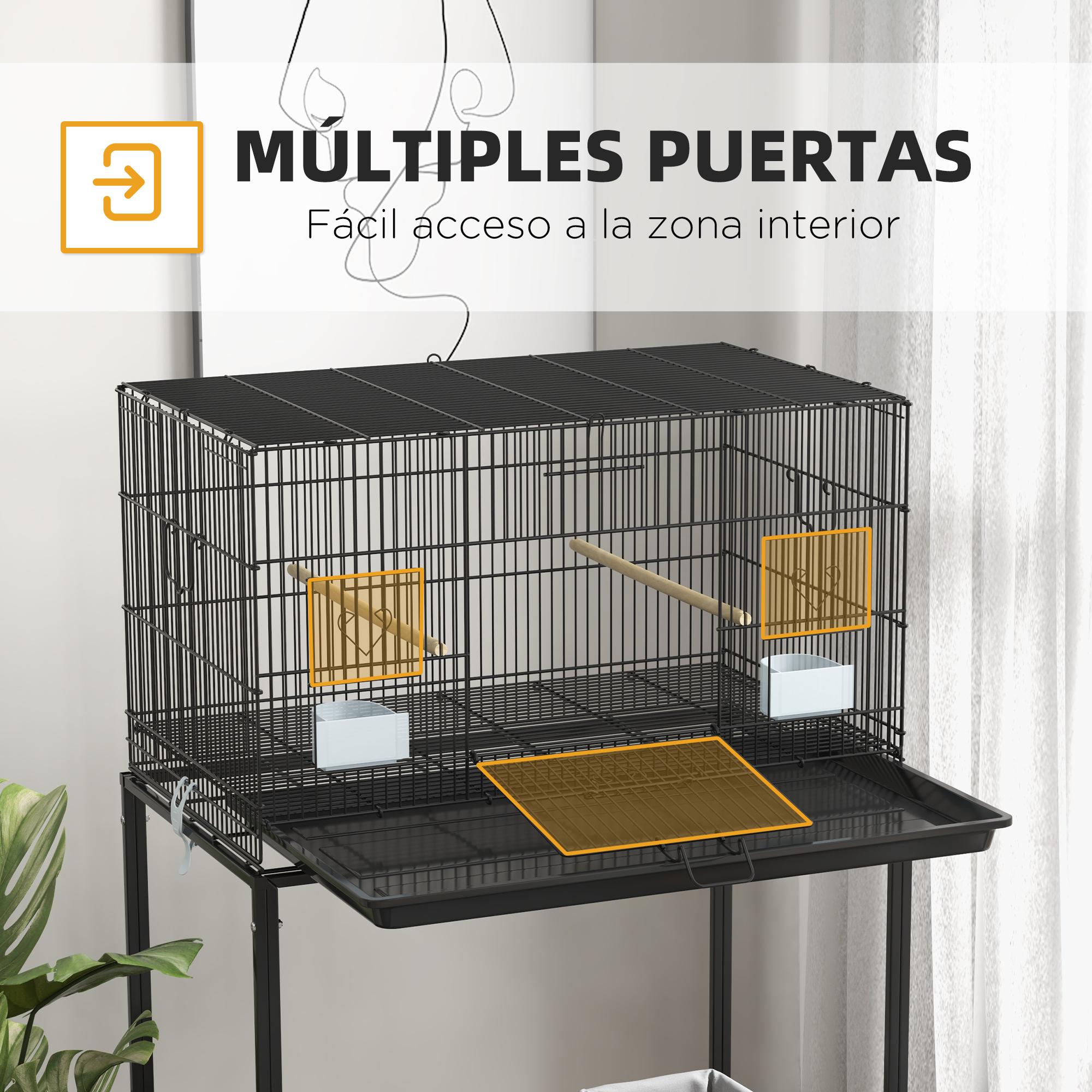 Jaula para Pájaros con Ruedas 77x46x119 cm Jaula Metálica para Aves con Bandeja Extraíble 2 Perchas 2 Comederos y Estante de Almacenamiento para Periquitos Canarios Negro