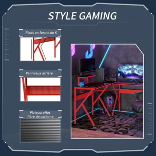 Bureau gaming d'angle bureau gamer bureau informatique bracket casque porte-gobelet étagère écran réglable métal panneaux texture carbone noir rouge