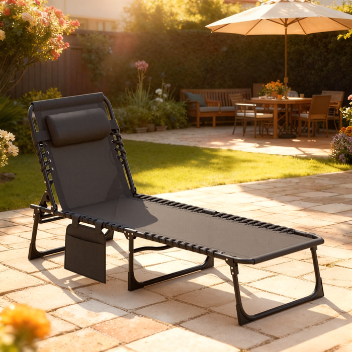 Bain de soleil transat pliable dossier inclinable acier époxy noir lacets élastiques textilène noir