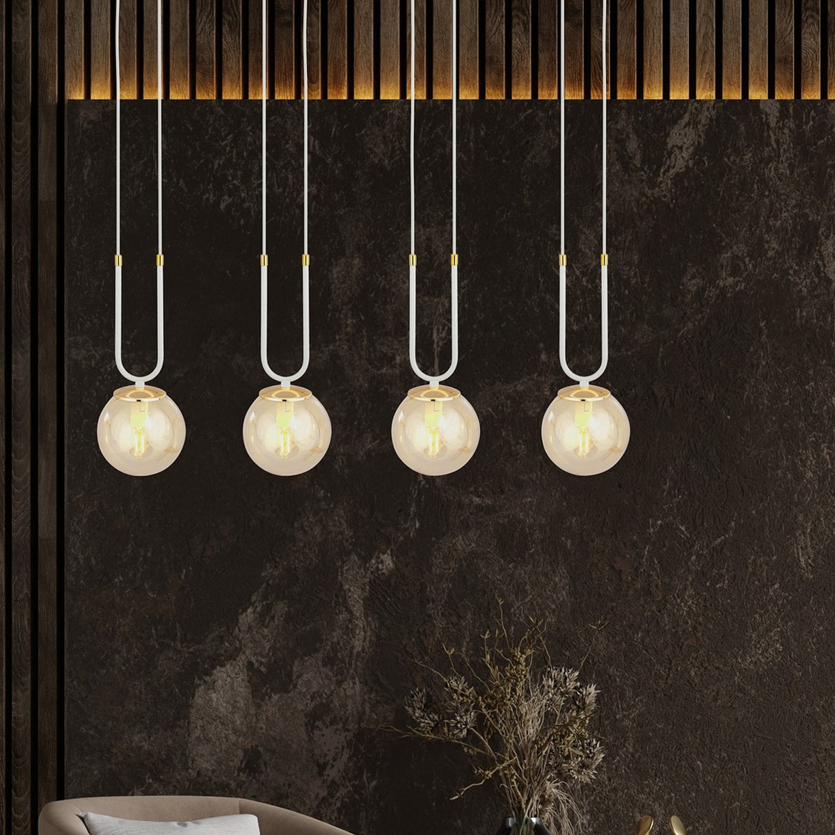 Lampada a sospensione GLAM in acciaio bianco e vetro ambra