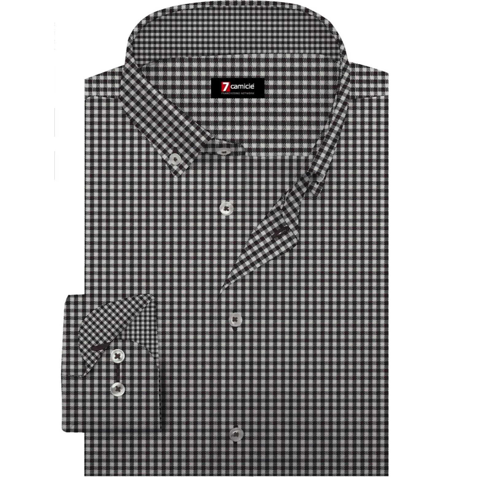 Camicia Uomo 1 Bottone Button Down Slim Cotone Quadro Piccolo Bianco e Blu