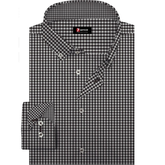 Camicia Uomo 1 Bottone Button Down Slim Cotone Quadro Piccolo Bianco e Blu