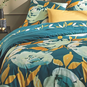 Parure de couette 100% coton 57 fils à motifs floral - ton bleu vert