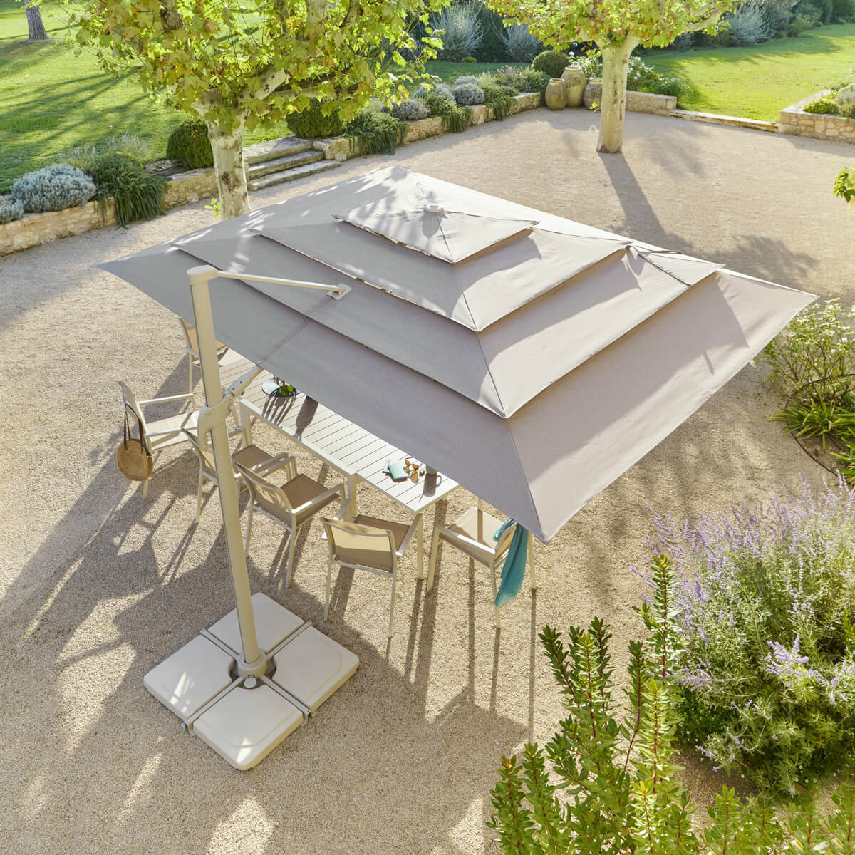 Parasol déporté rectangulaire multi-toile "Melhia" lin 4 x 3m en aluminium acier et oléfine