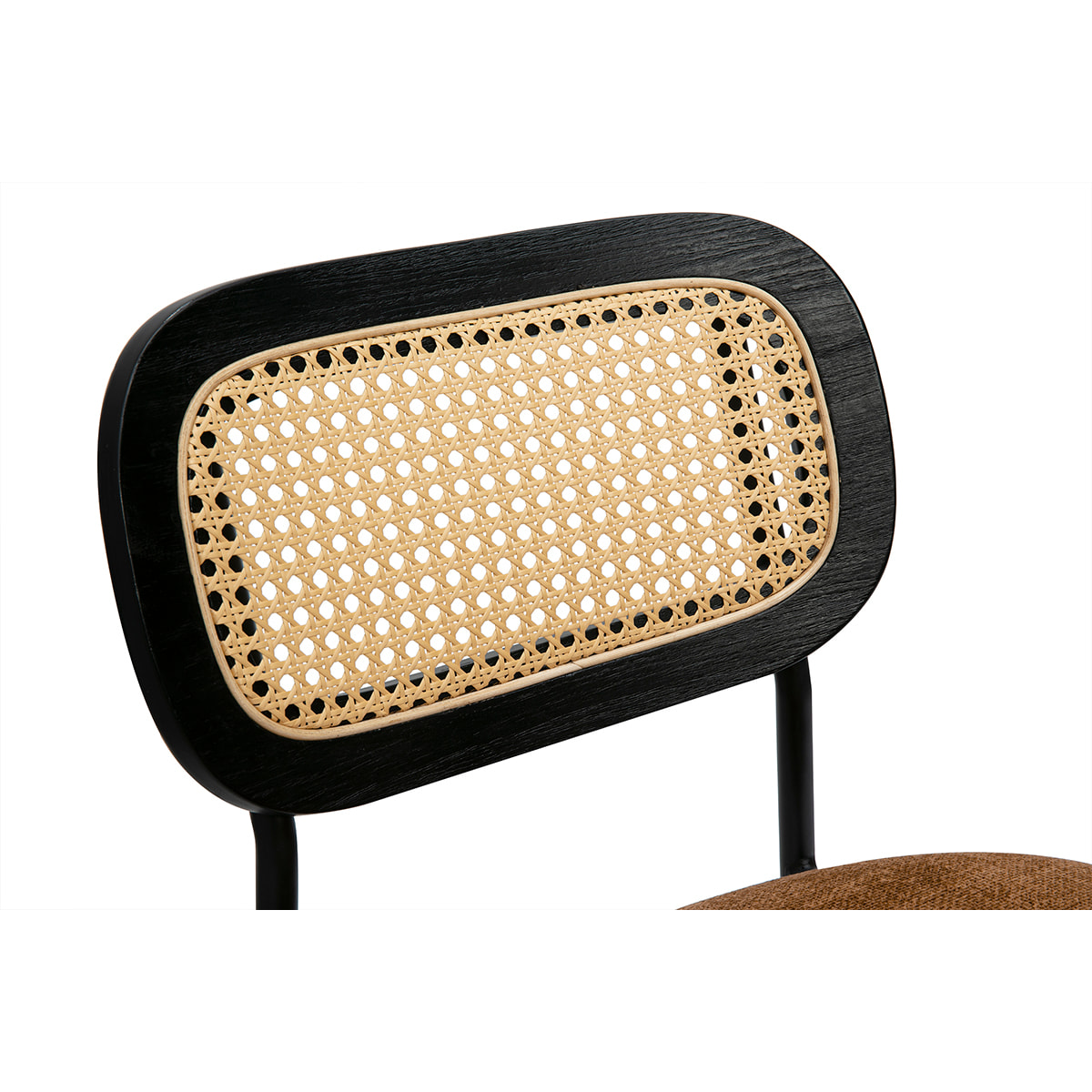 Tabourets design en tissu effet velours texturé terre brulée, métal noir et cannage rotin (lot de 2) MIRANDA