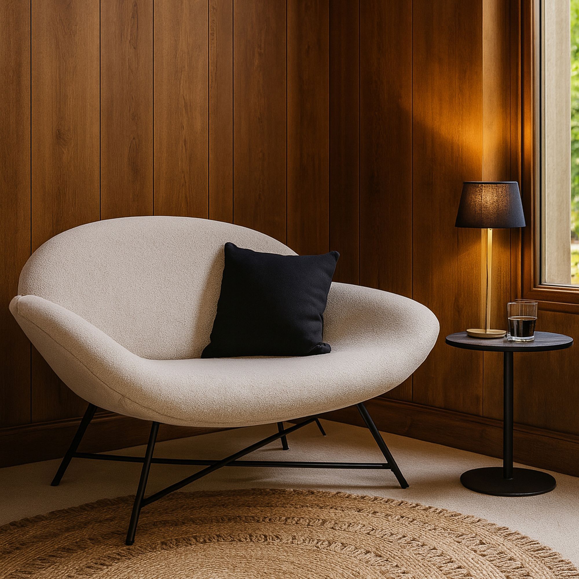 Canapé en bouclette beige et pieds en métal noir 2 places DUKE