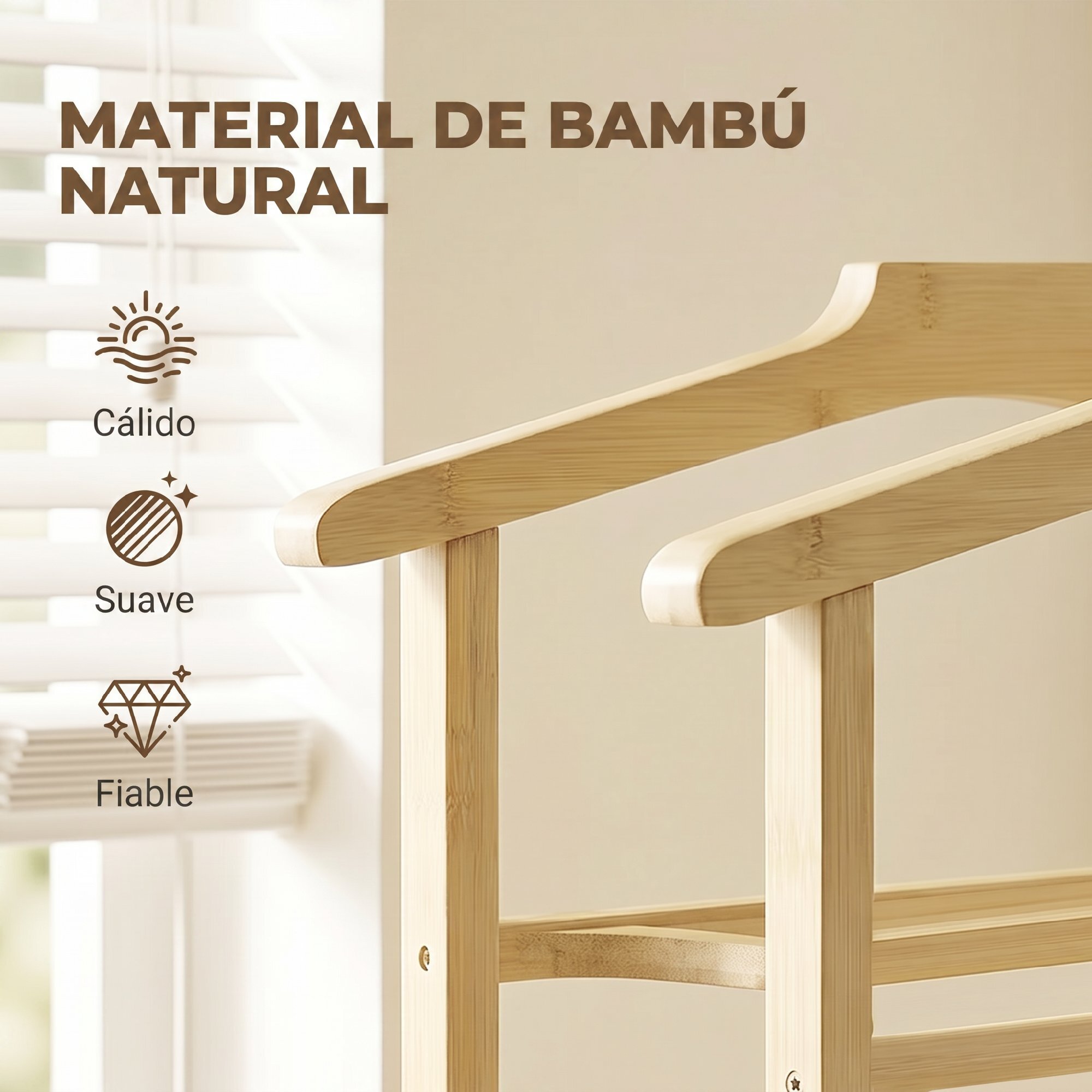 Galán de Noche de Bambú, Perchero Burro con Ruedas, Barras para Ropa, Soporte para Pantalones, Bandeja y Estante Inferior, Perchero para Dormitorio, 41x50x105 cm, Natural