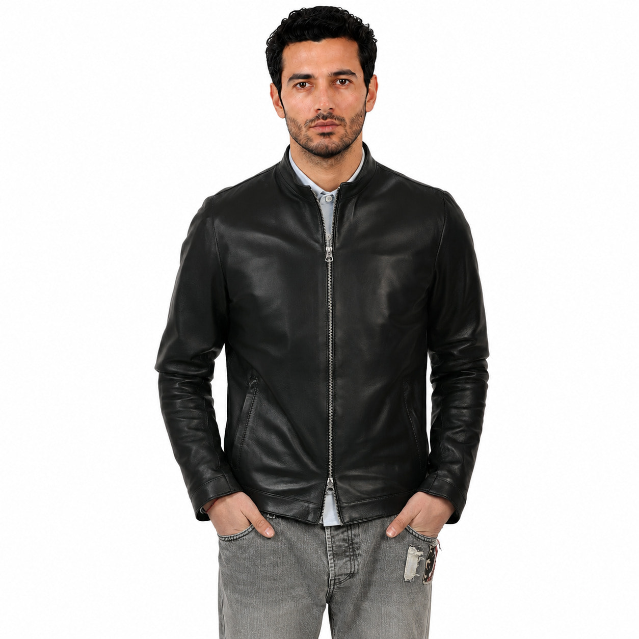 Giubbino in pelle di vitello nappa Nero-Slim Fit