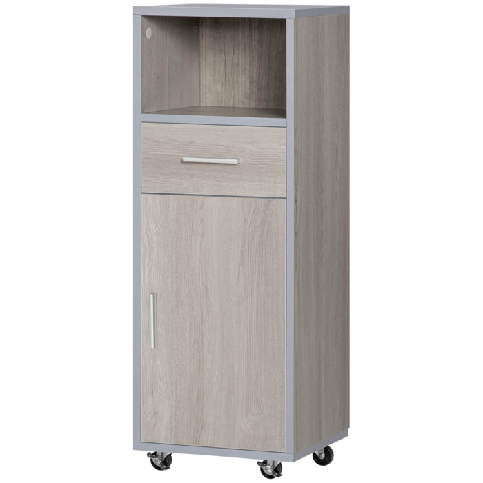 kleankin Armario de Baño con 1 Cajón 1 Puerta y Estante Abierto Mueble Auxiliar de Almacenaje con Ruedas para Salón Cocina Dormitorio Antivuelco 30x32x87 cm Gris