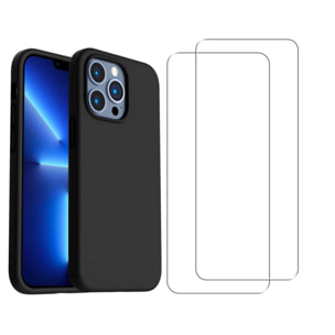 Coque iPhone 13 Pro Max Silicone liquide Noire + 2 Vitres en Verre trempé Protection écran Antichocs