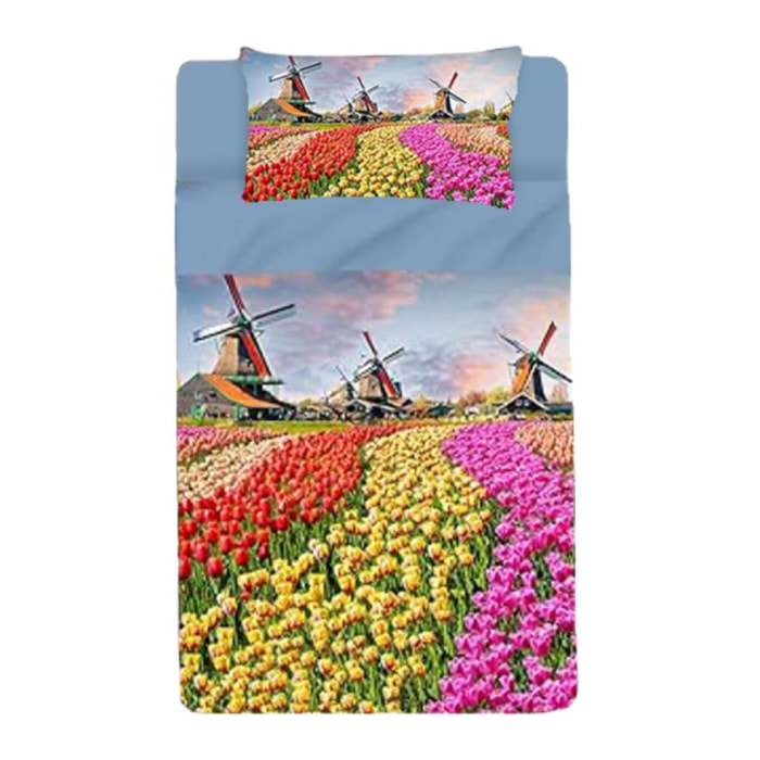 INTRECCI Set Lenzuola Una Piazza e Mezza in Cotone, Stampa Alta Qualità, Lenzuolo Sotto + Lenzuolo Sopra + 1 Federa, Comfort, per Pelli Sensibili, non Stringe in Lavatrice. Fantasia: Olanda