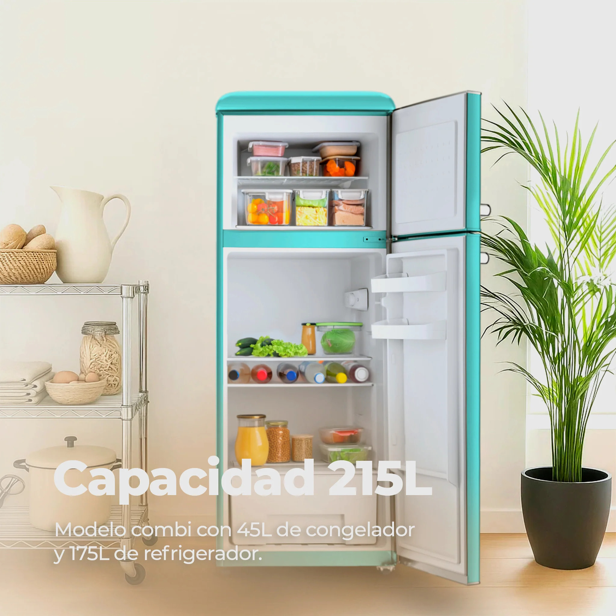EVVO Frigorífico 2 puertas F45 Retro Azul pastel, 170 L + 45 L, diseño vintage, Crisper Zone, libre de CFC, silencioso