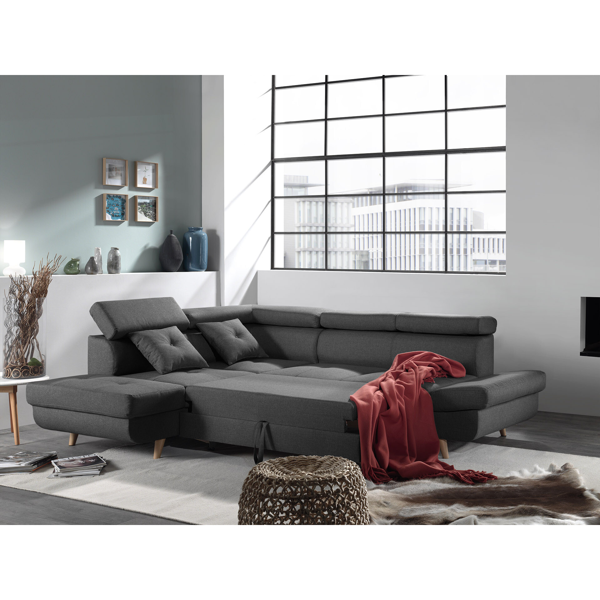 Linea - Canapé d'angle gauche convertible - 5 places - avec têtières - Gris foncé