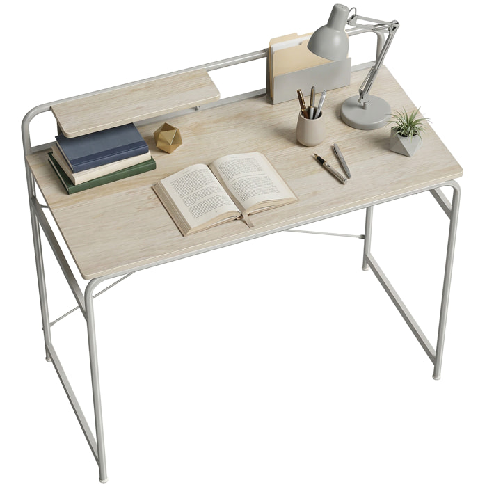 Escritorio, Mesa de Escritorio Moderno con Estante y Estructura de Metal, Fácil Montaje para Oficina en Casa, Dormitorio, Espacios Pequeños, 98x48x88,5 cm, Roble