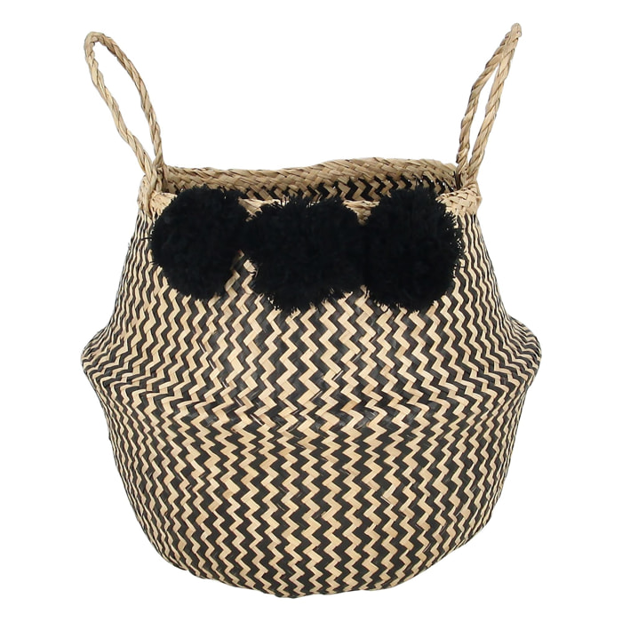 PANIER EN JONC DE MER NATUREL ET NOIR AVEC POMPONS D35XH35CM CANTHO