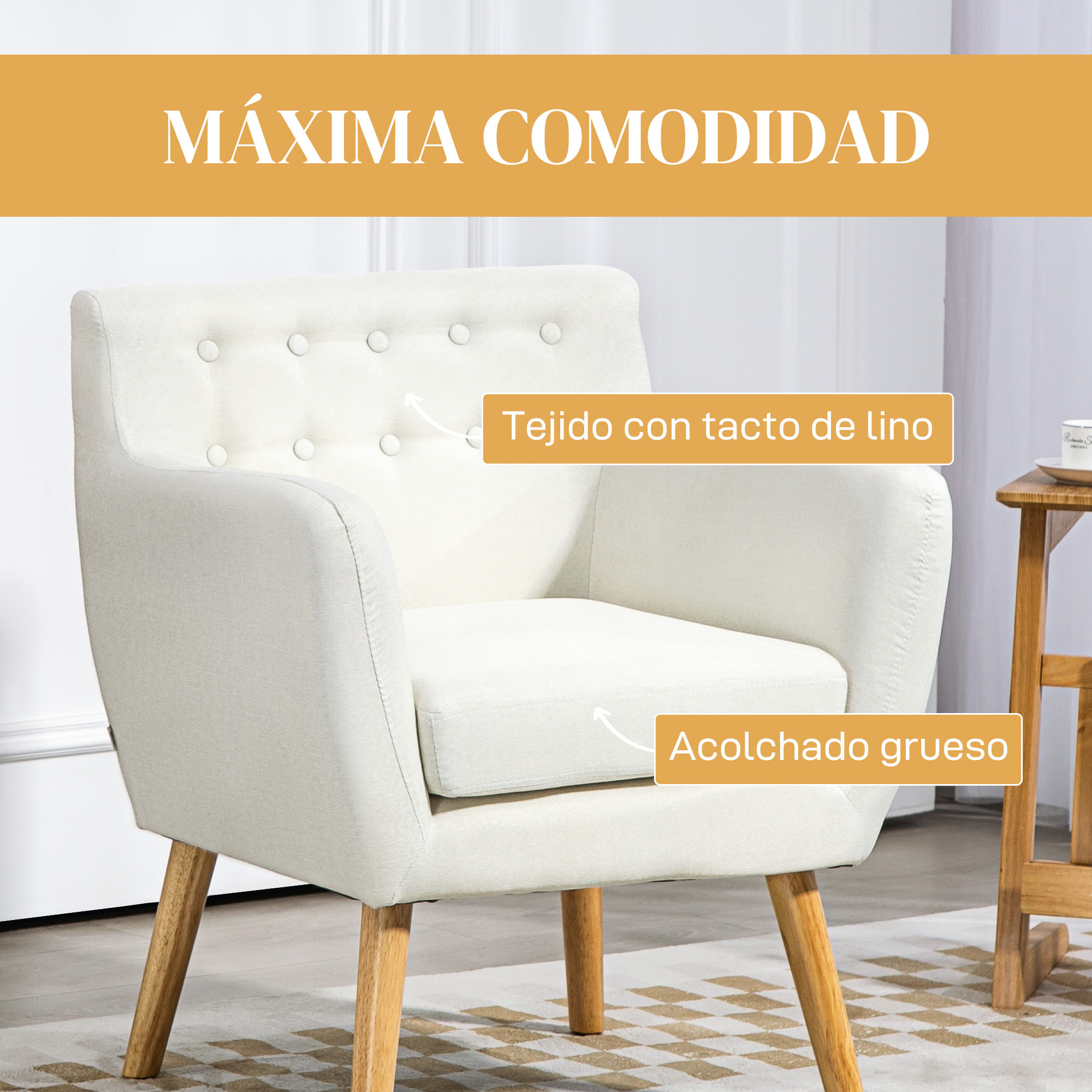 Sillón de Salón Moderno Butaca para Dormitorio con Reposabrazos y Patas de Madera Sofá Individual Carga 125 kg para Oficina Sala de Estar Crema