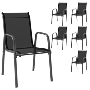 Juego de 6 Sillas de Jardín Exterior Apilables, Sillas Terraza Exterior con Reposabrazos, Asiento y Respaldo de Malla Transpirable, Estructura Metálica Resistente, 51x69x87 cm, Negro