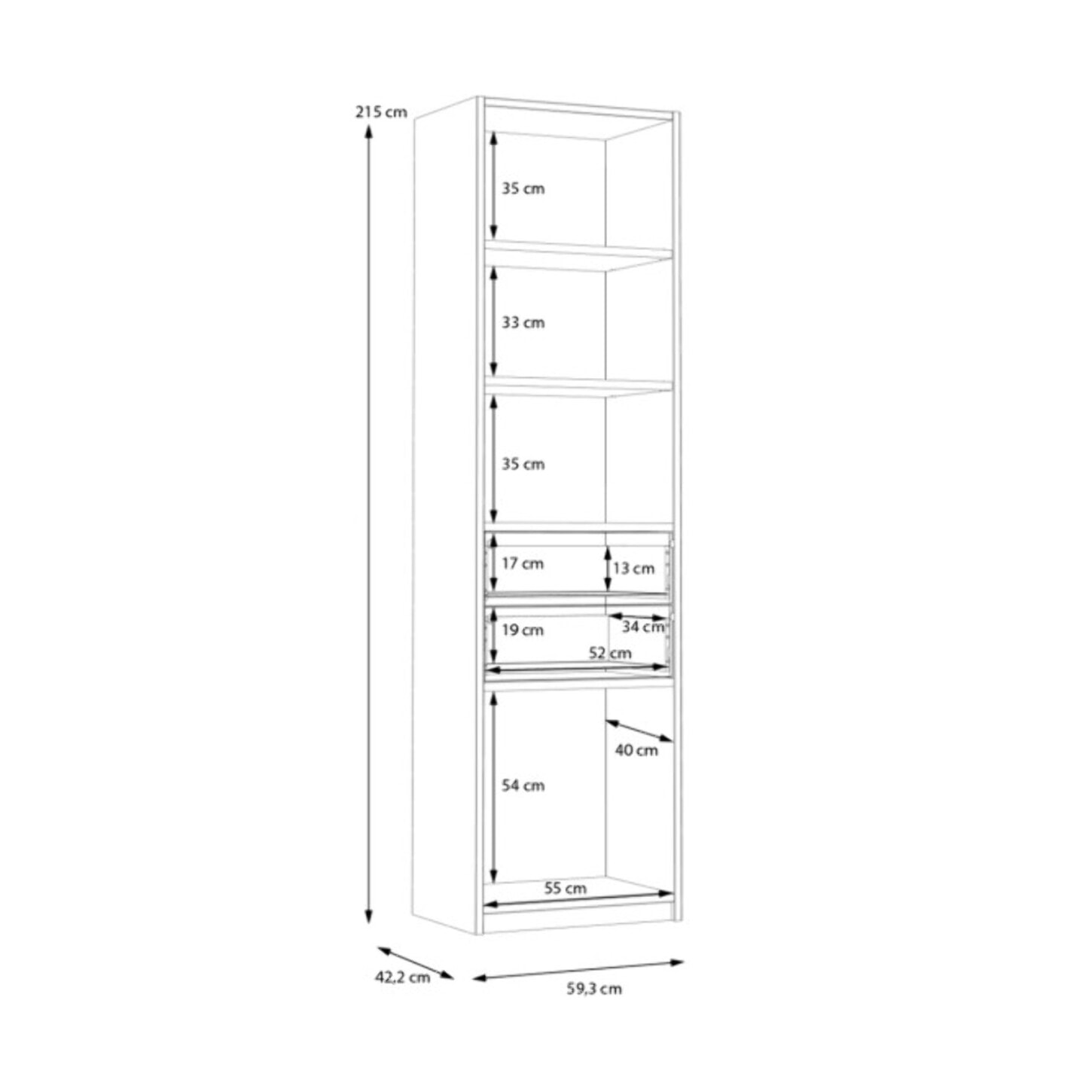 Bibliothèque 59 cm 4 niches 2 tiroirs décors blanc et chêne - BROOM