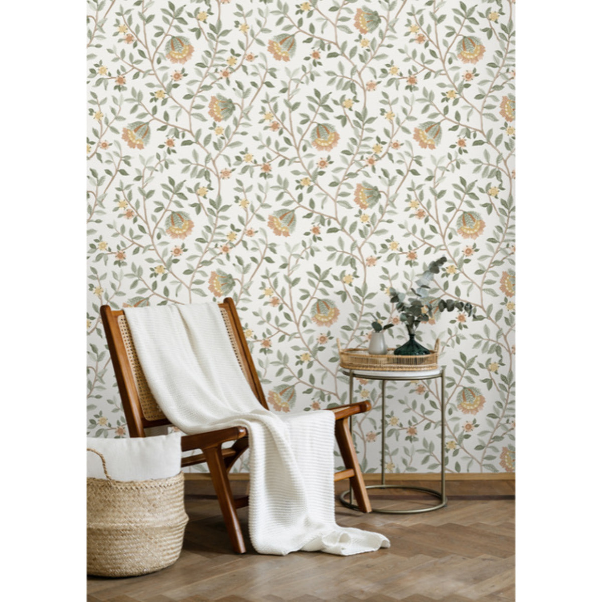 Papier peint fleuri botanique fond blanc cassé