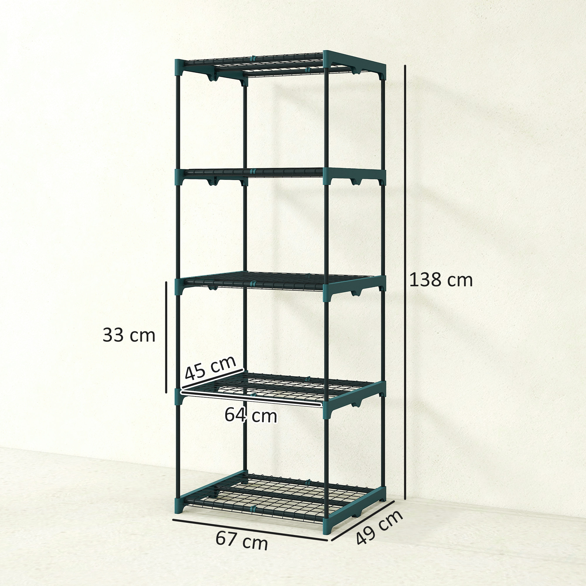 Soporte para Plantas de 5 Niveles, Estantería para Plantas de Acero, Estantes de Rejilla, Soporte para Macetas, Interior y Exterior, 67x49x138 cm, Verde Oscuro