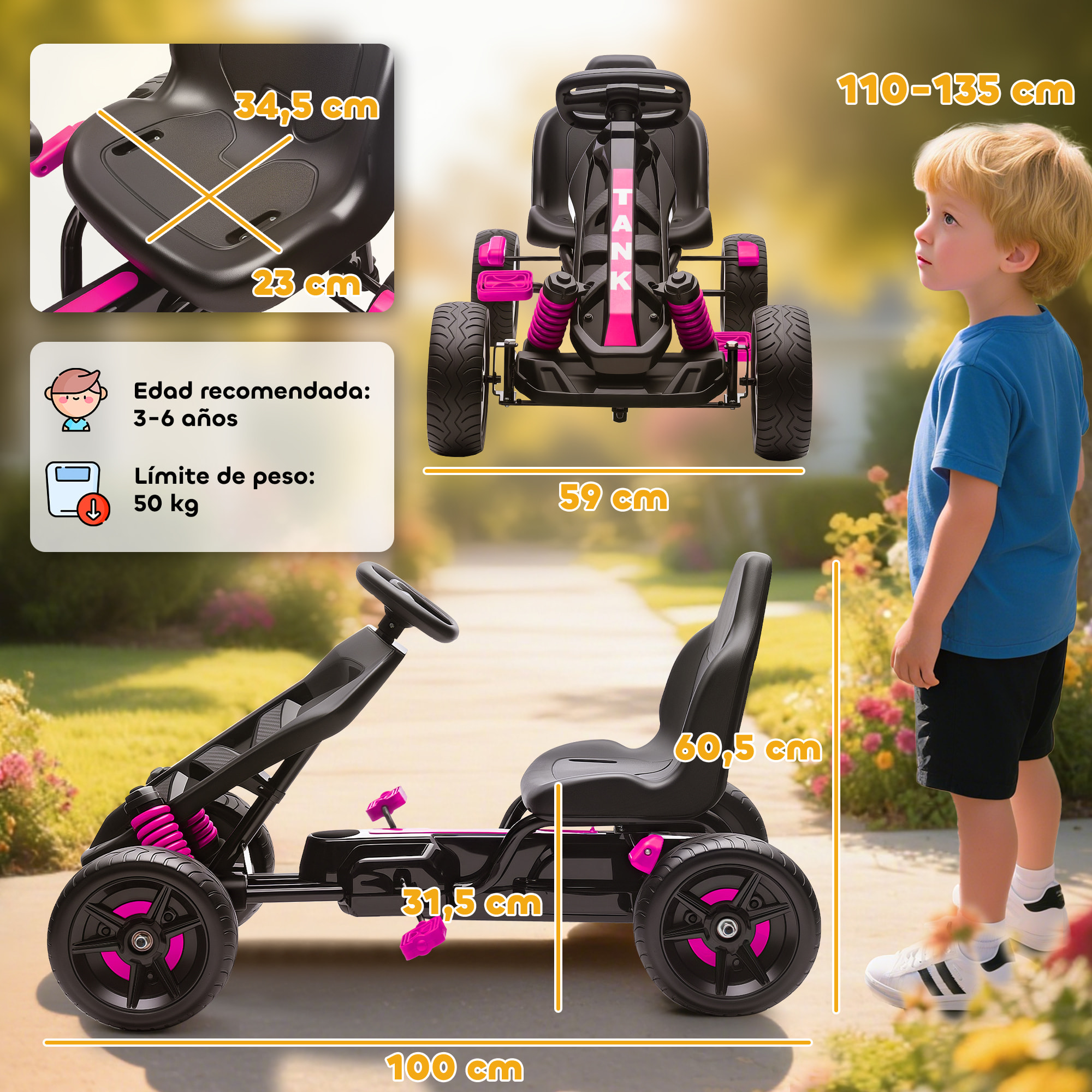 AIYAPLAY Kart Pedales para Niños de 3-6 Años Go Kart con Embrague Automático Freno Ruedas Antideslizantes de EVA y Marco Metálico Carga 50 kg Rosa