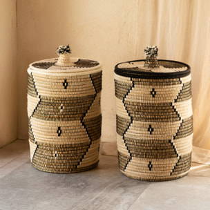 Panier à linge motifs ethniques en fibres naturelles - Blanc