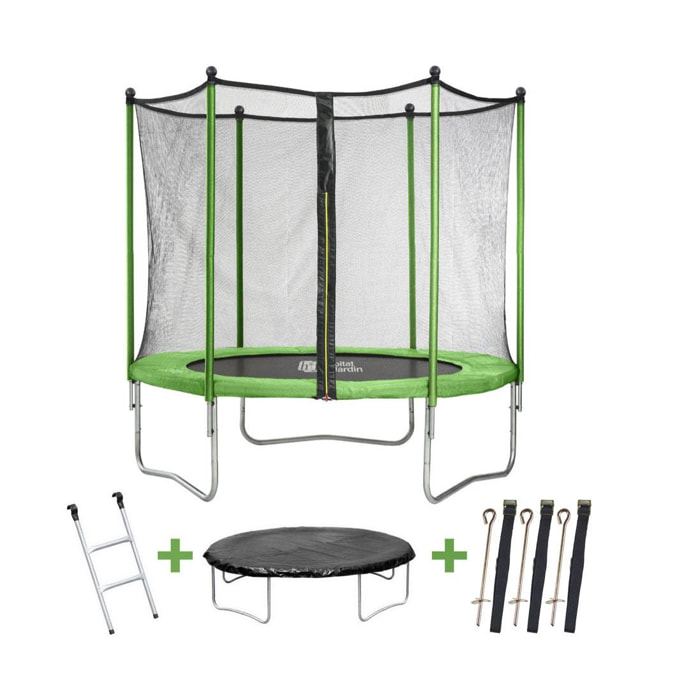 Trampoline ''Yoopi'' - Ø 2.44 m - Avec filet + échelle + couverture + kit d'ancrage