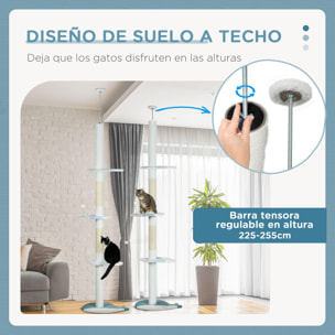 Árbol para Gatos de Suelo a Techo de 225-255 cm Torre para Gatos de Suelo a Techo Ajustable en Altura con 3 Plataforma de Forma de Ola Postes Rascadores y 1 Bola 55x38x225-255 cm Blanco