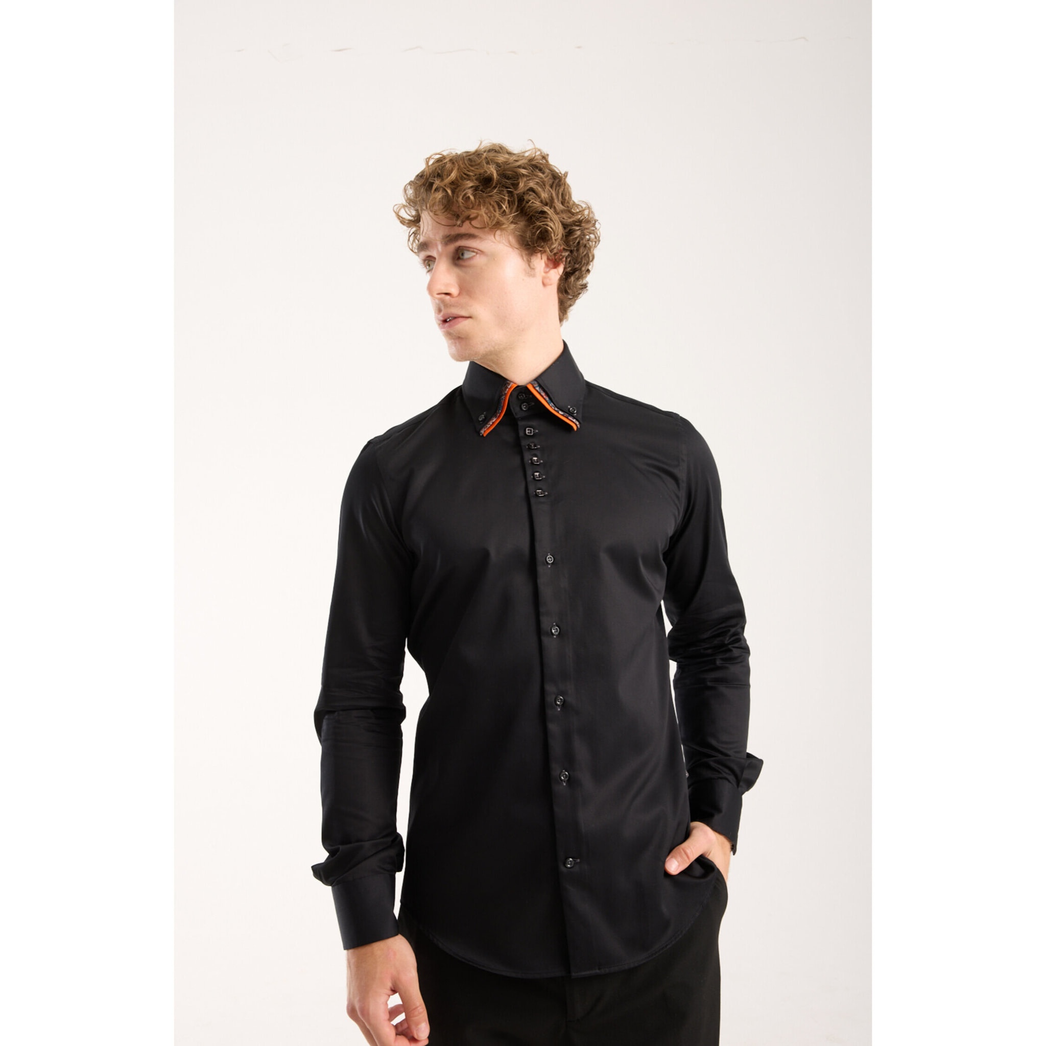 Camicia Uomo 2 Bottoni Button Down Triplo Collo Slim Satin Unito Nero
