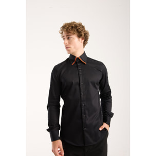 Camicia Uomo 2 Bottoni Button Down Triplo Collo Slim Satin Unito Nero
