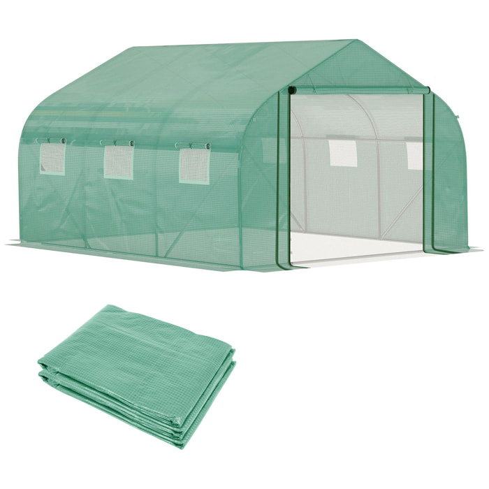 Conjunto de Invernadero de Túnel y Cubierta de Repuesto con Puerta y 6 Ventanas Enrollables para Cultivos Plantas Flores 3,5x3x2 m Verde