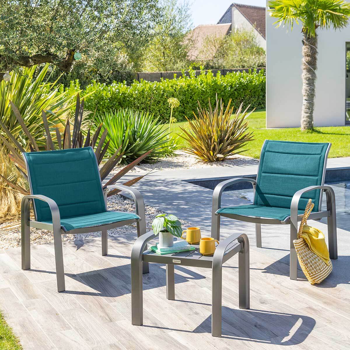 Salon de jardin duo "Elyn" bleu canard & graphite 2 places en aluminium