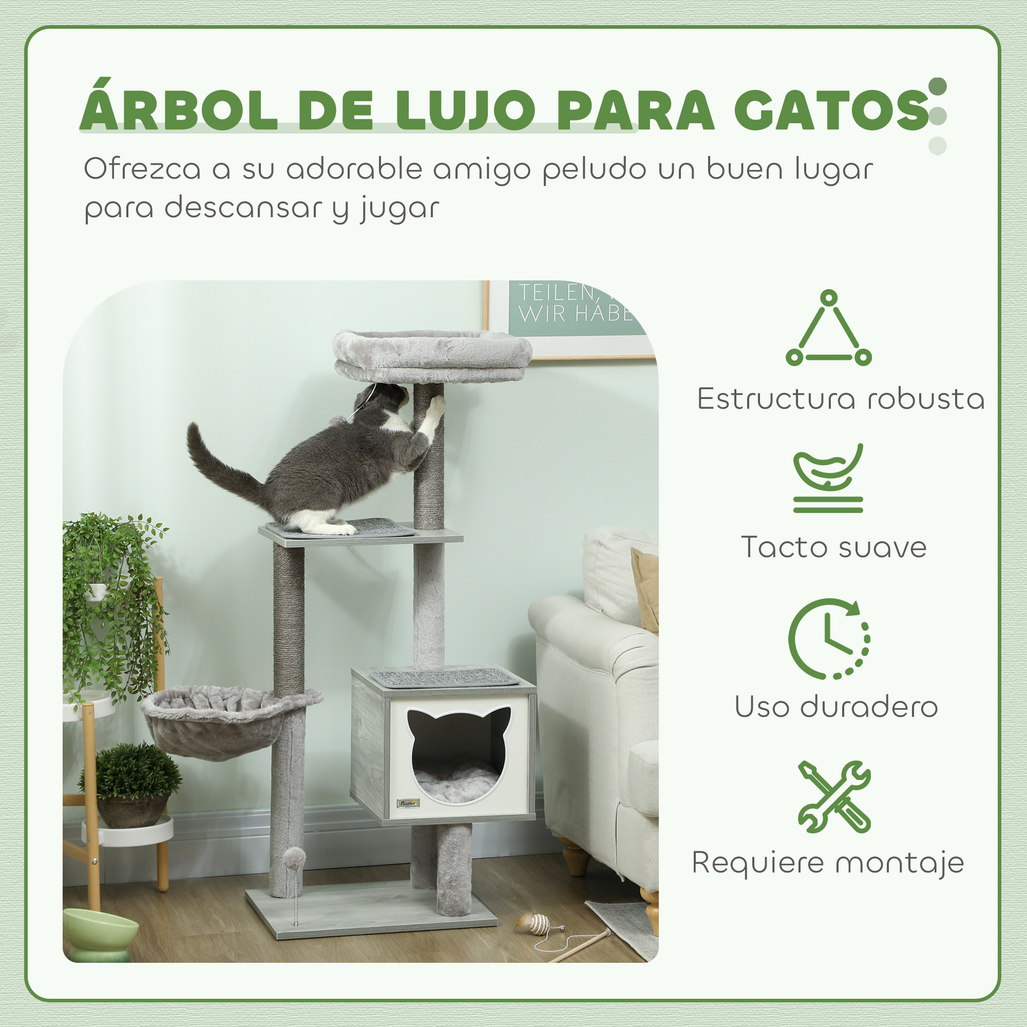 Árbol Rascador para Gatos, Árbol para Gatos 126 cm, Torre Escalador con Plataformas, Hamaca, Cueva, Cama, Postes de Sisal, Bolas y Cojines Lavables, Gris