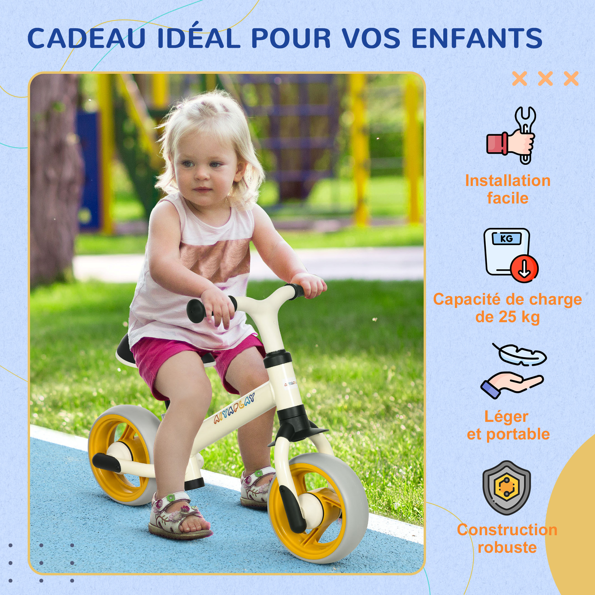 Draisienne enfant selle réglable roues EVA charge max. reco. 25 Kg acier crème