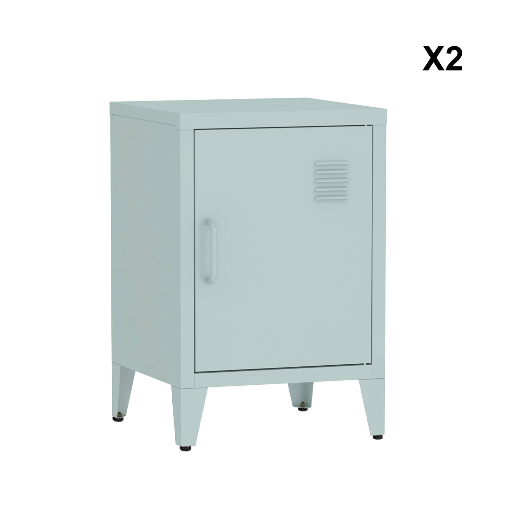 Lot de 2 tables de chevet en acier 1 porte. Bleu clair. casiers. L 38 x P 38 x H 55.7 cm