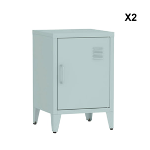 Lot de 2 tables de chevet en acier 1 porte. Bleu clair. casiers. L 38 x P 38 x H 55.7 cm