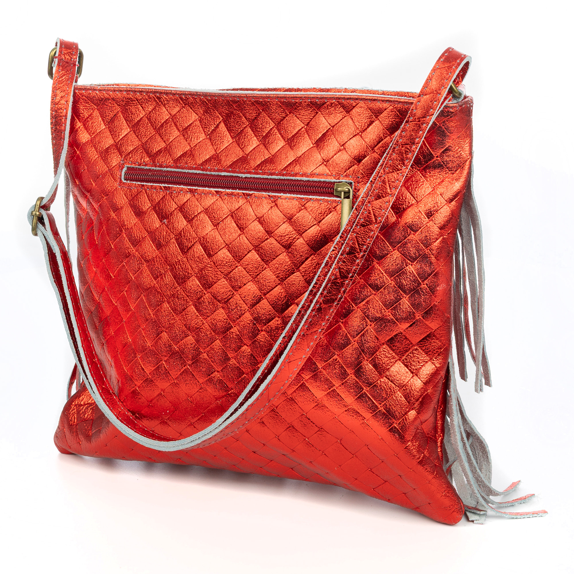 Avise bolso bandolera con flecos mujer. Piel auténtica Gamuza lacada brillante.