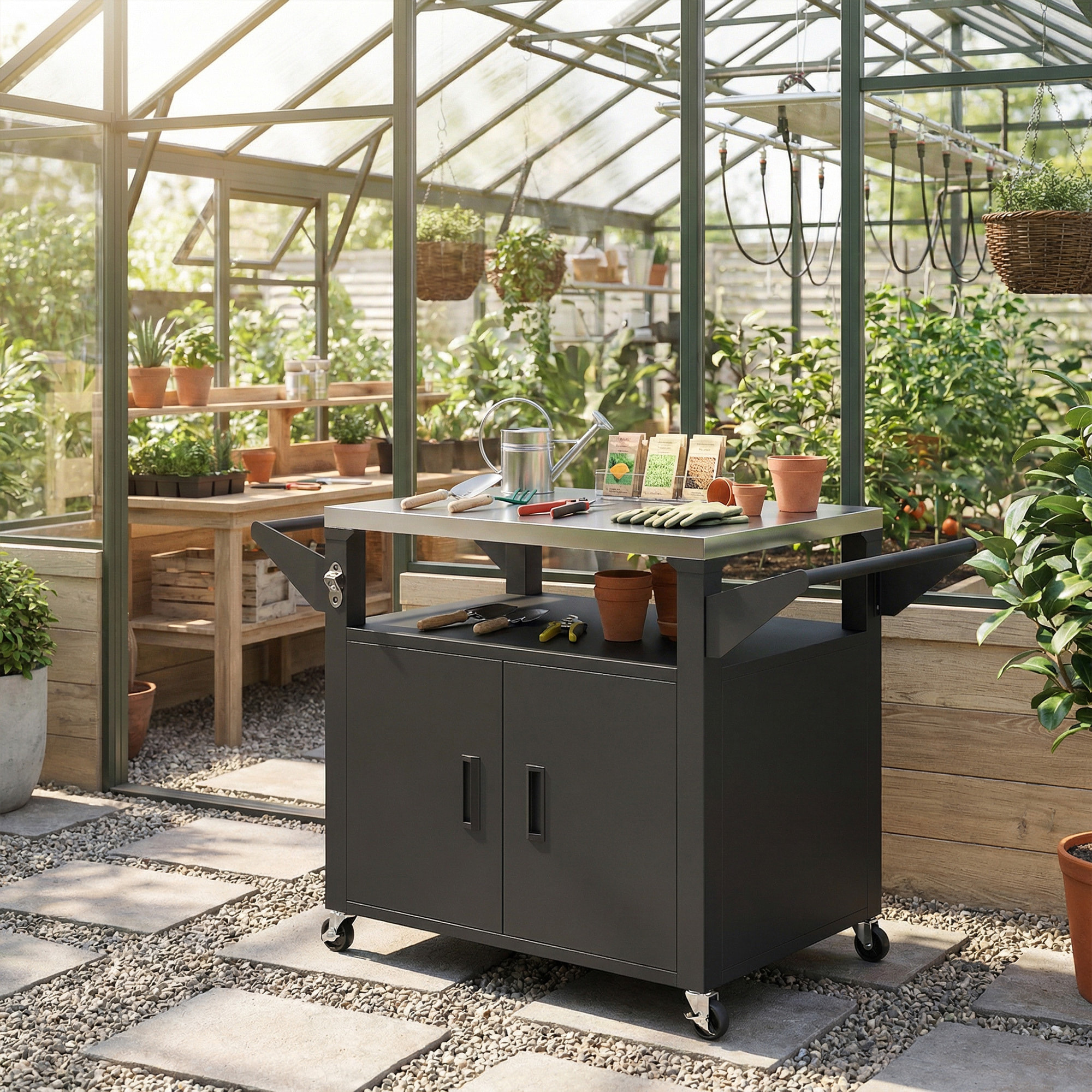 Desserte jardin chariot plancha 2 portes étagère métal noir acier inox