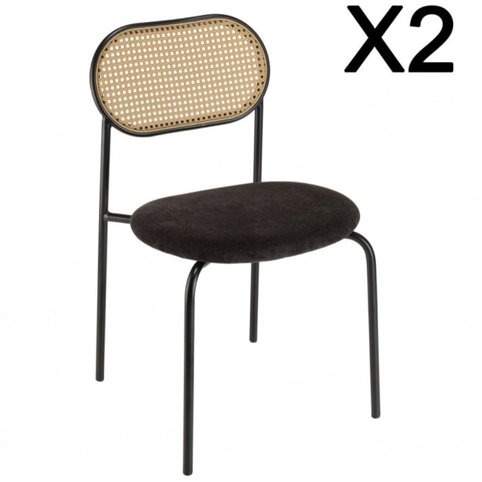 LEA - Lot de 2 chaises assise tissu noir dossier effet cannage et métal