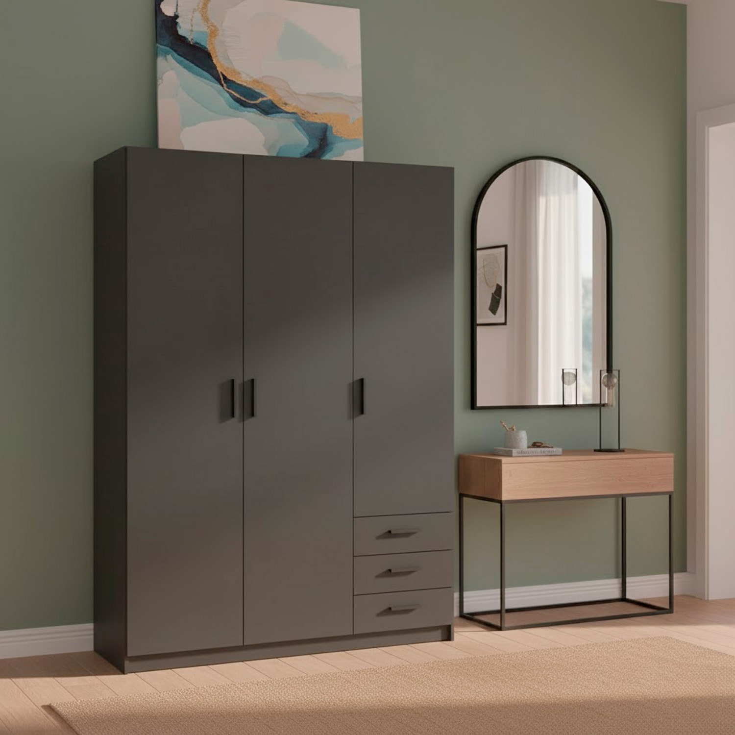 Armadio Con 3 Ante R 3 Cassetti Barra Appendiabiti E 4 Ripiani Di Cui 2 Regolabili Design Moderno Capiente 147 x 49.8 x 200.4 Cm Grigio Scuro