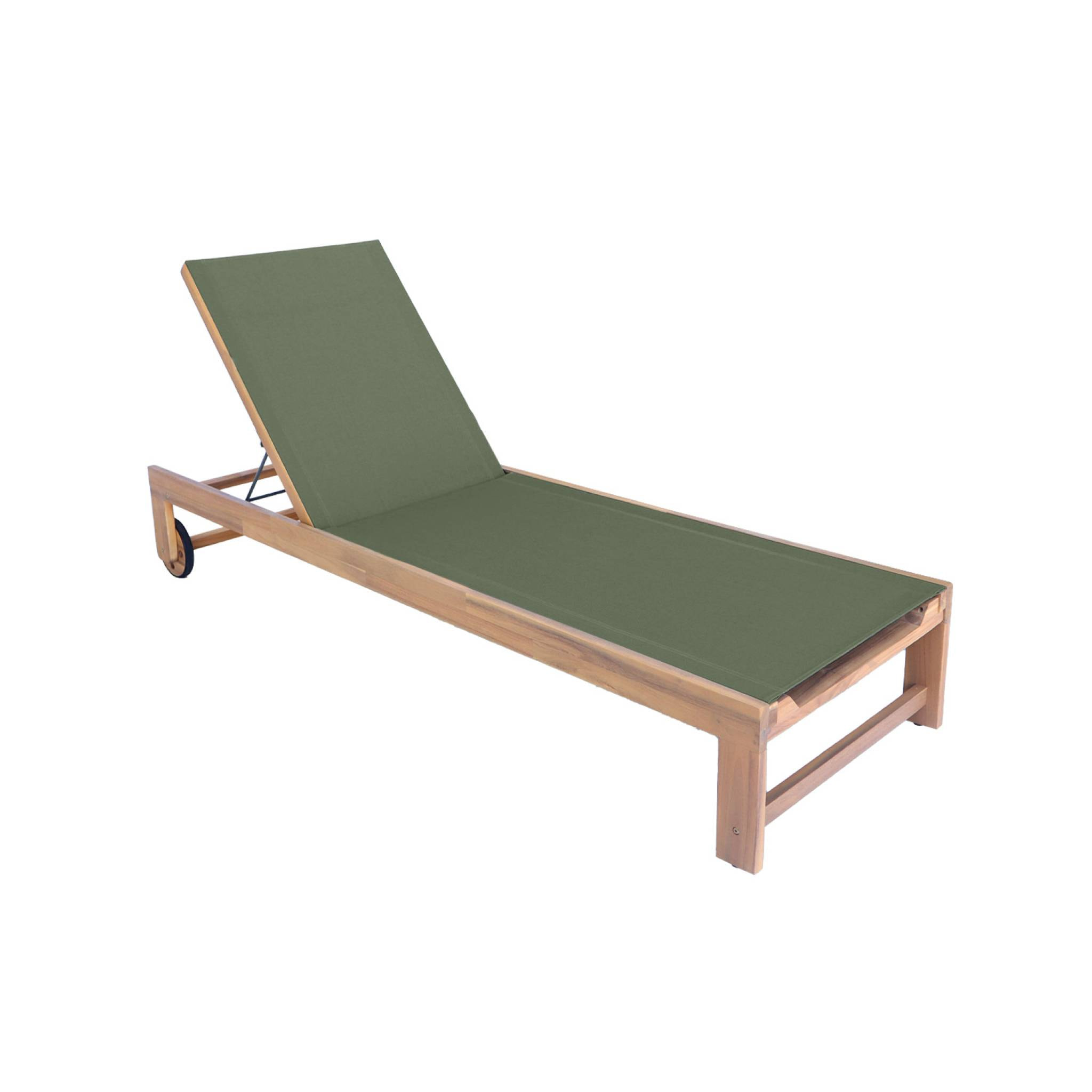 Lot de 2 bains de soleil en bois d'acacia et textilène kaki. multi positions avec roulettes