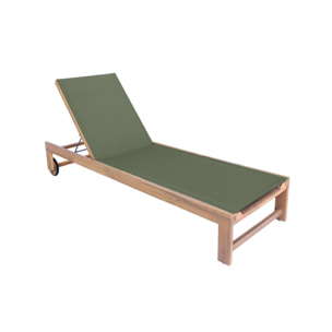 Lot de 2 bains de soleil en bois d'acacia et textilène kaki. multi positions avec roulettes