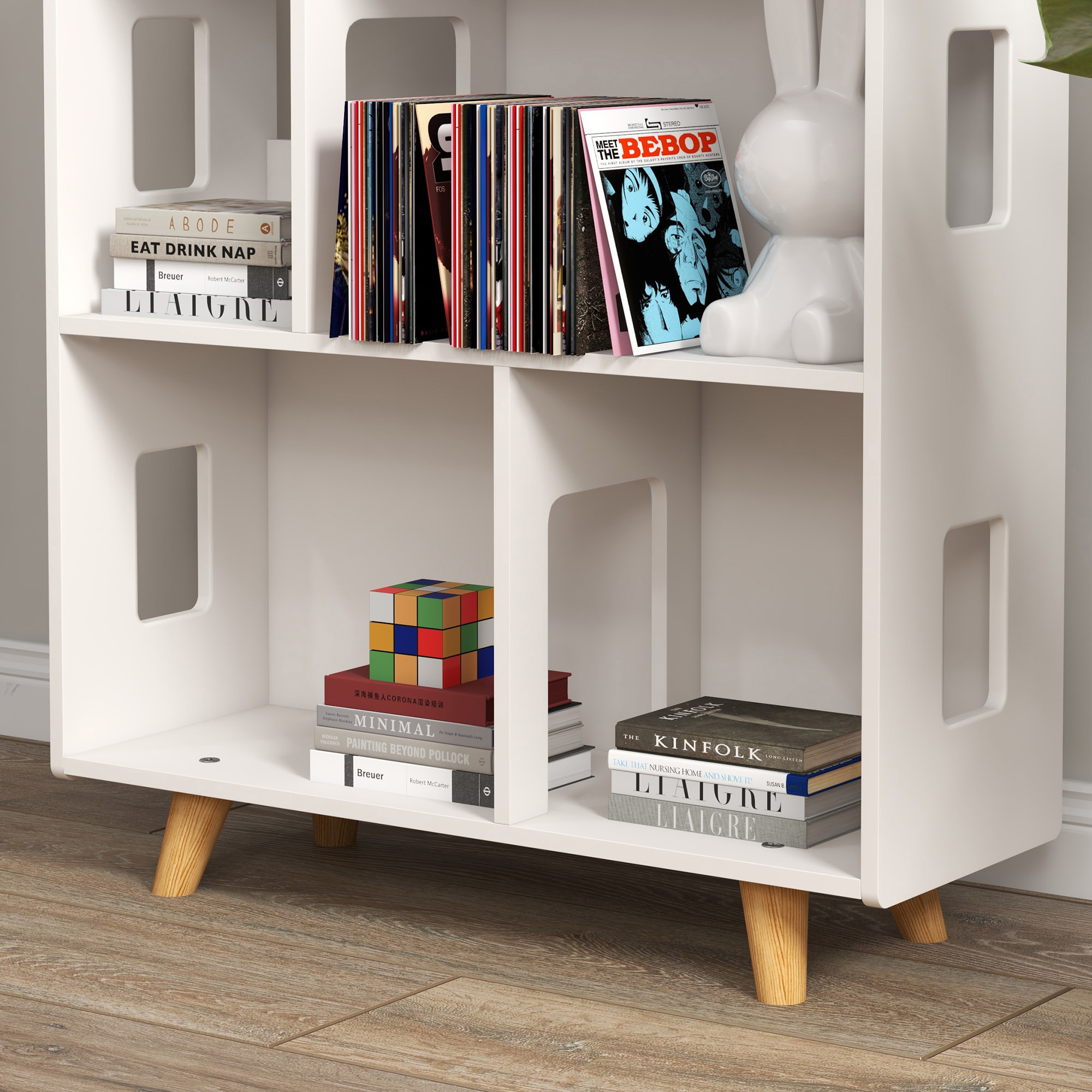 Bibliothèque étagère scandinave design maison 5 niches étagère pieds effilés bois pin MDF blanc