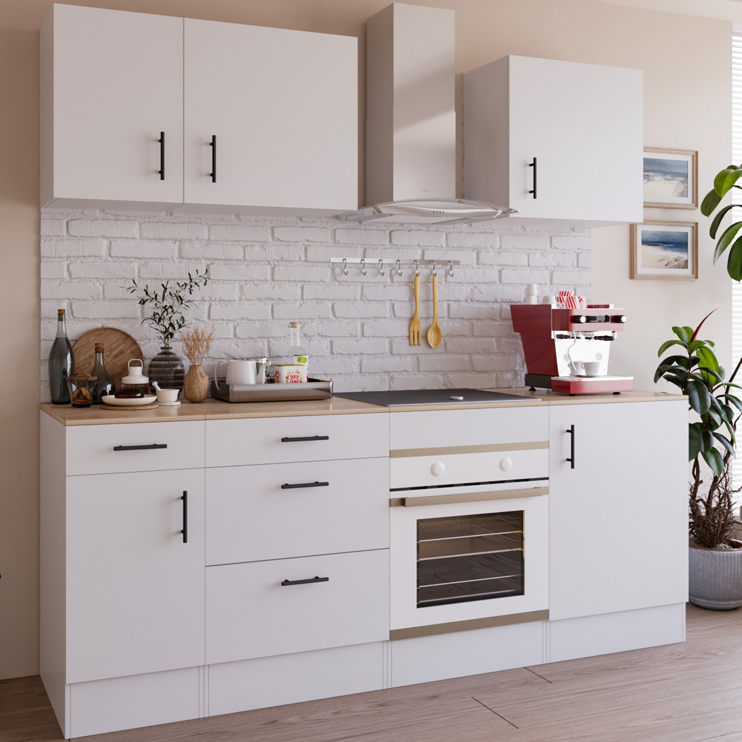 Cucina Componibile Completa Da 220 Cm Moderna con Cassetti Ammortizzati Piedini Regolabili Moduli Pensili Facile Da Installare Bianco Lucido e Rovere
