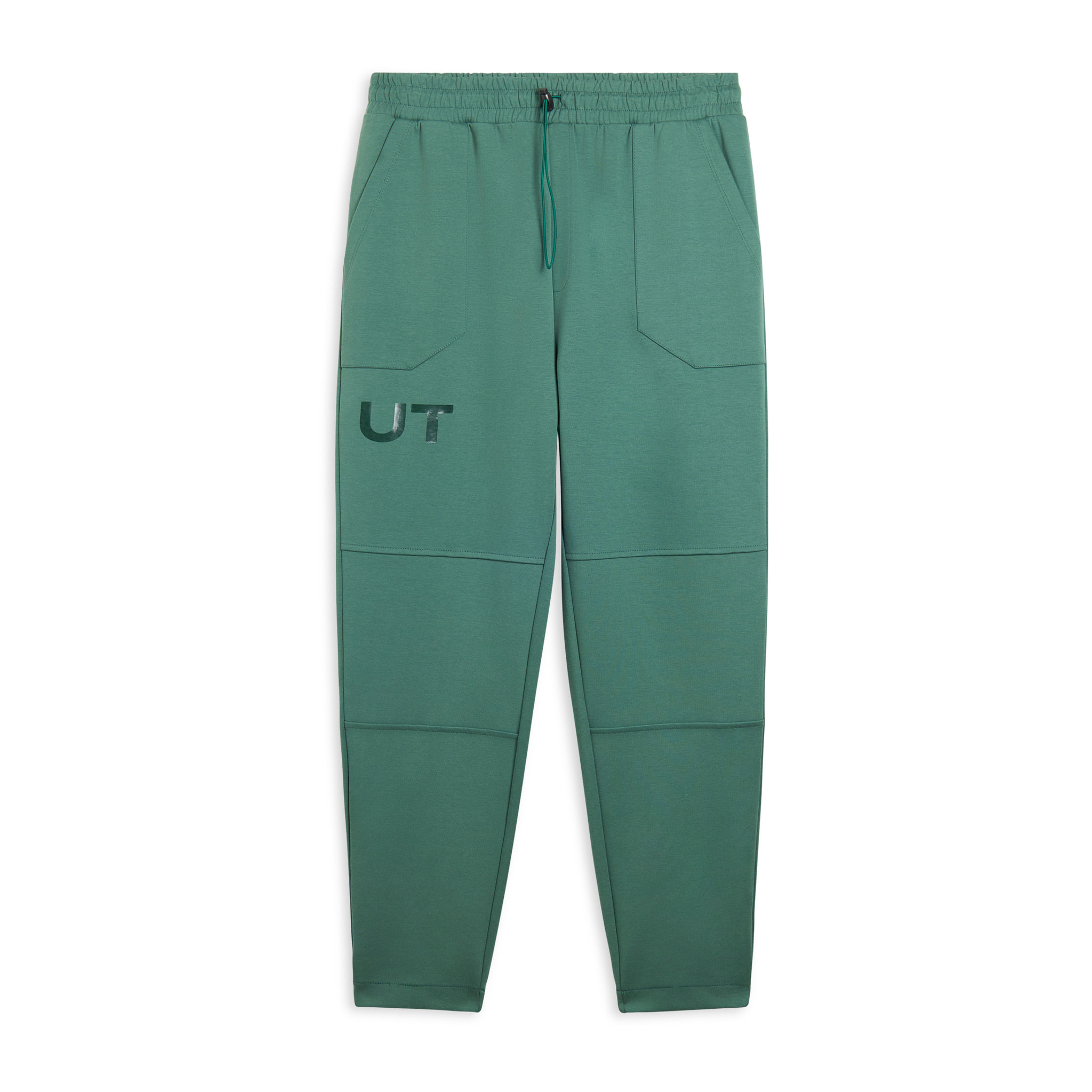 Pantaloni slim in interlock con stampa UT e cuciture