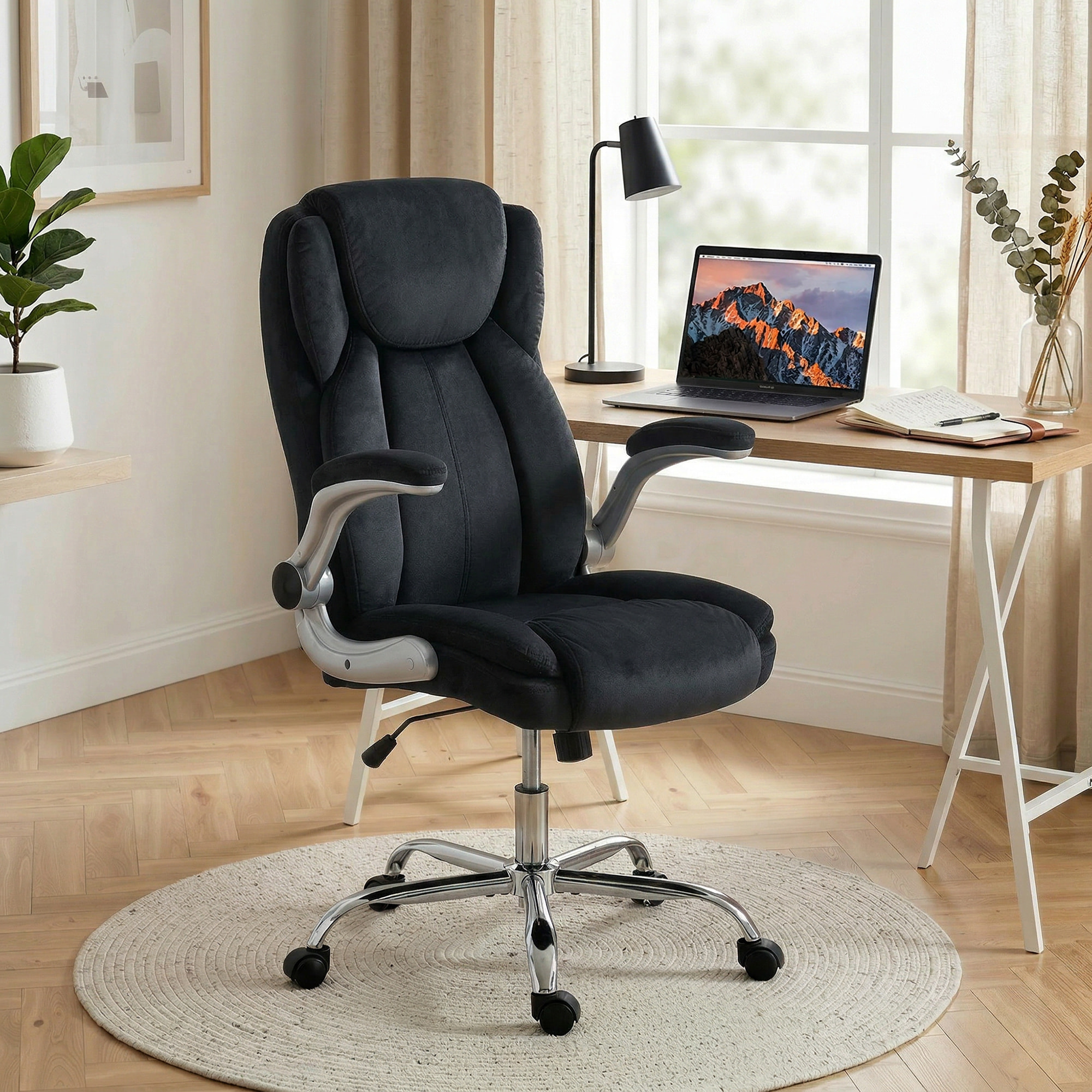 Silla de escritorio Ergonómica, Silla de Oficina con Respaldo Alto, Reposabrazos Abatibles, Asiento con Muelles, Altura Ajustable, Función Basculante, Tapizado en Terciopelo, Negro