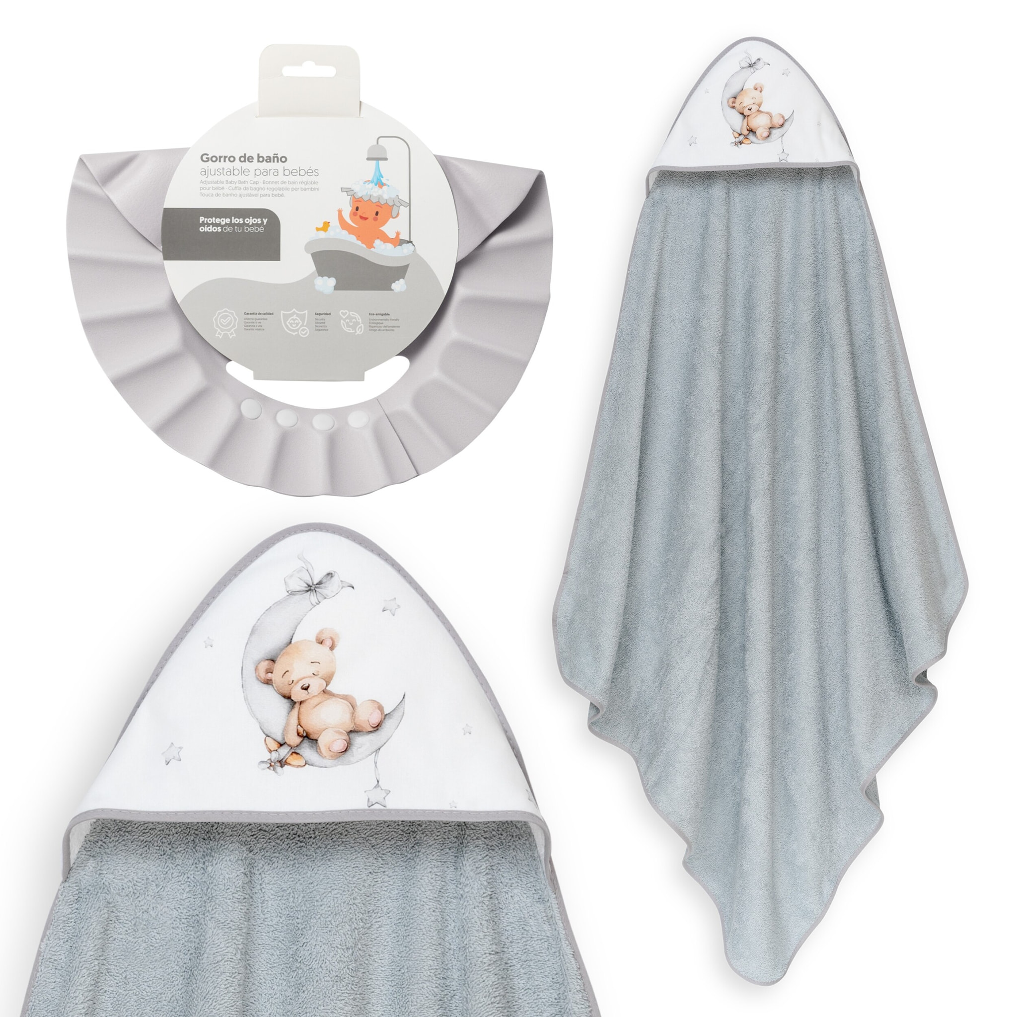 Capa Baño 1X1 Mod Estampado Oso Luna Estrellas+Gorro Gris