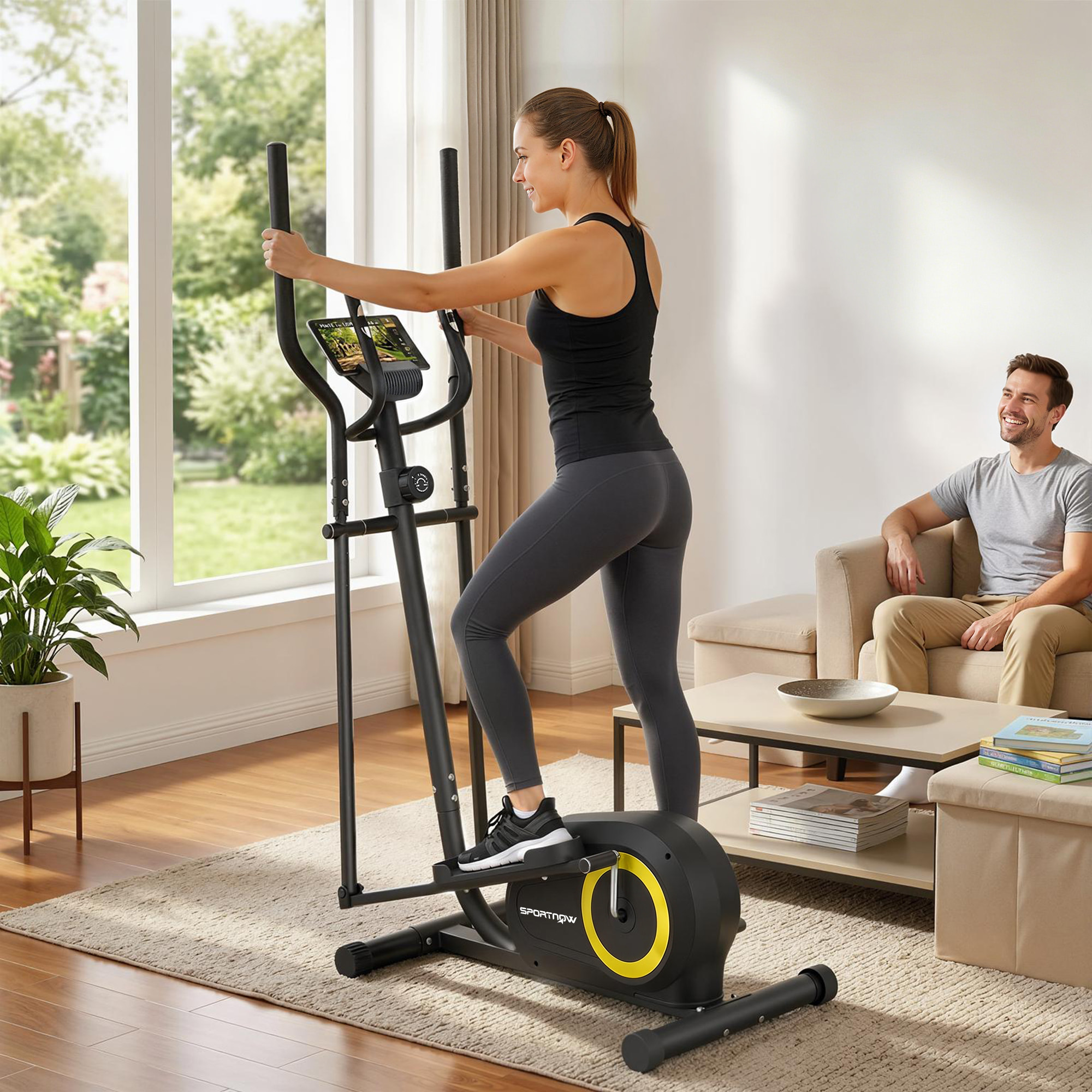 Bicicleta Elíptica para Casa, Máquina Elíptica Silenciosa con Bluetooth Compatible con App, 8 Niveles de Resistencia Magnética, Monitor LCD y Sensor de Pulso, Ruedas, Carga 120 kg