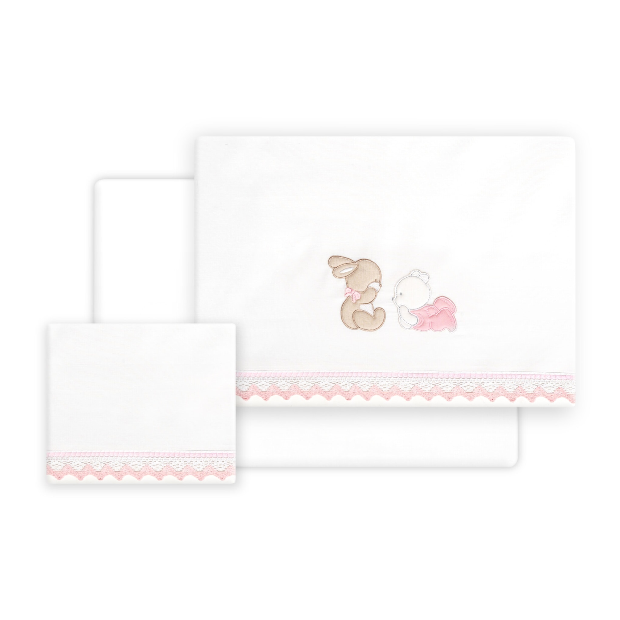 Triptico Cuna Guipur Oso Tumbado Conejito + Broche Bco/Rosa